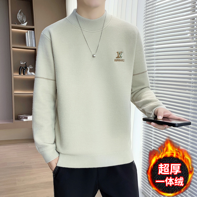 男士高档半高领羊毛衫冬季卫衣休闲时尚加绒加厚打底保暖针织衫潮