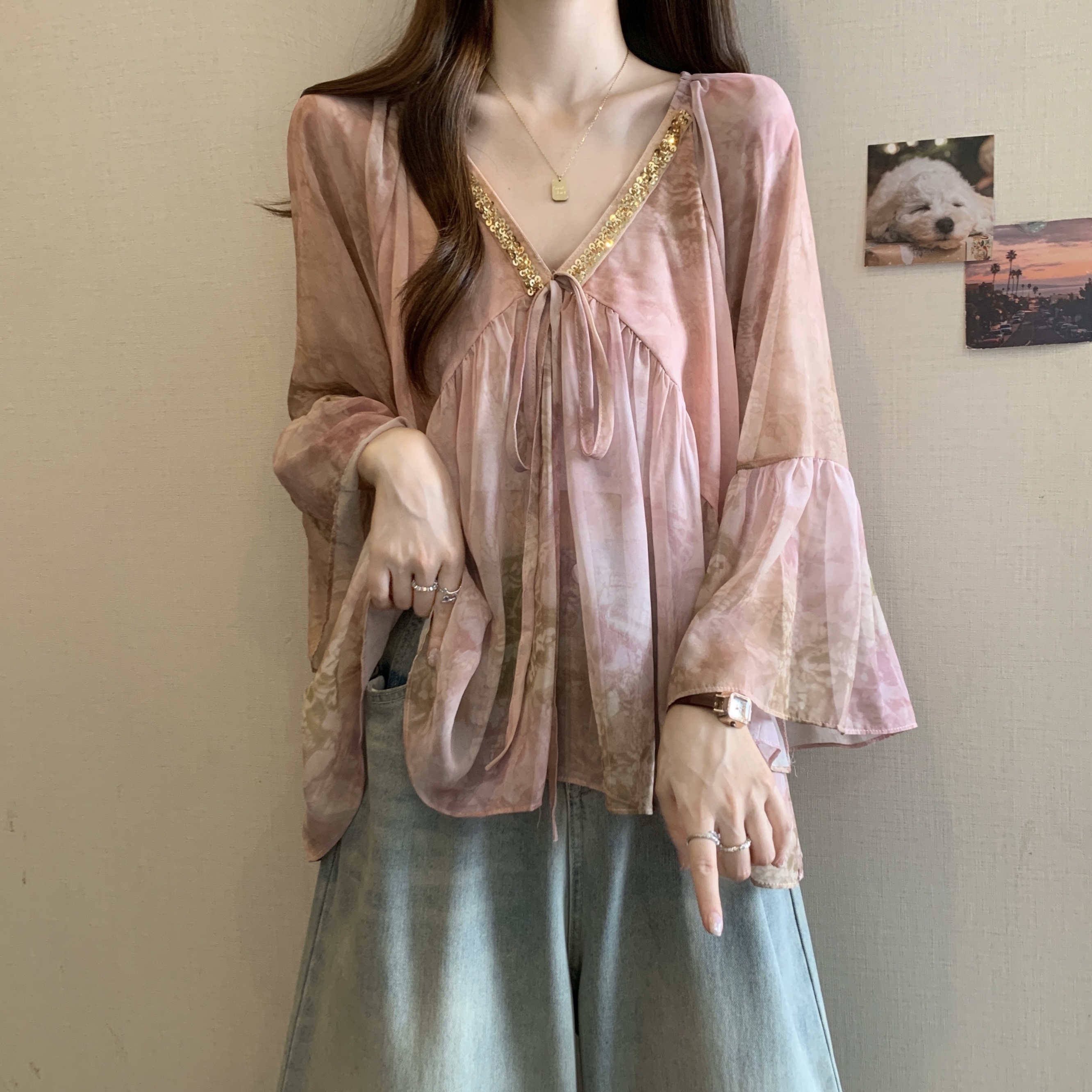 大码女装遮肚子法式超仙喇叭袖雪纺衬衫女夏胖mm显瘦遮肉绝美上衣