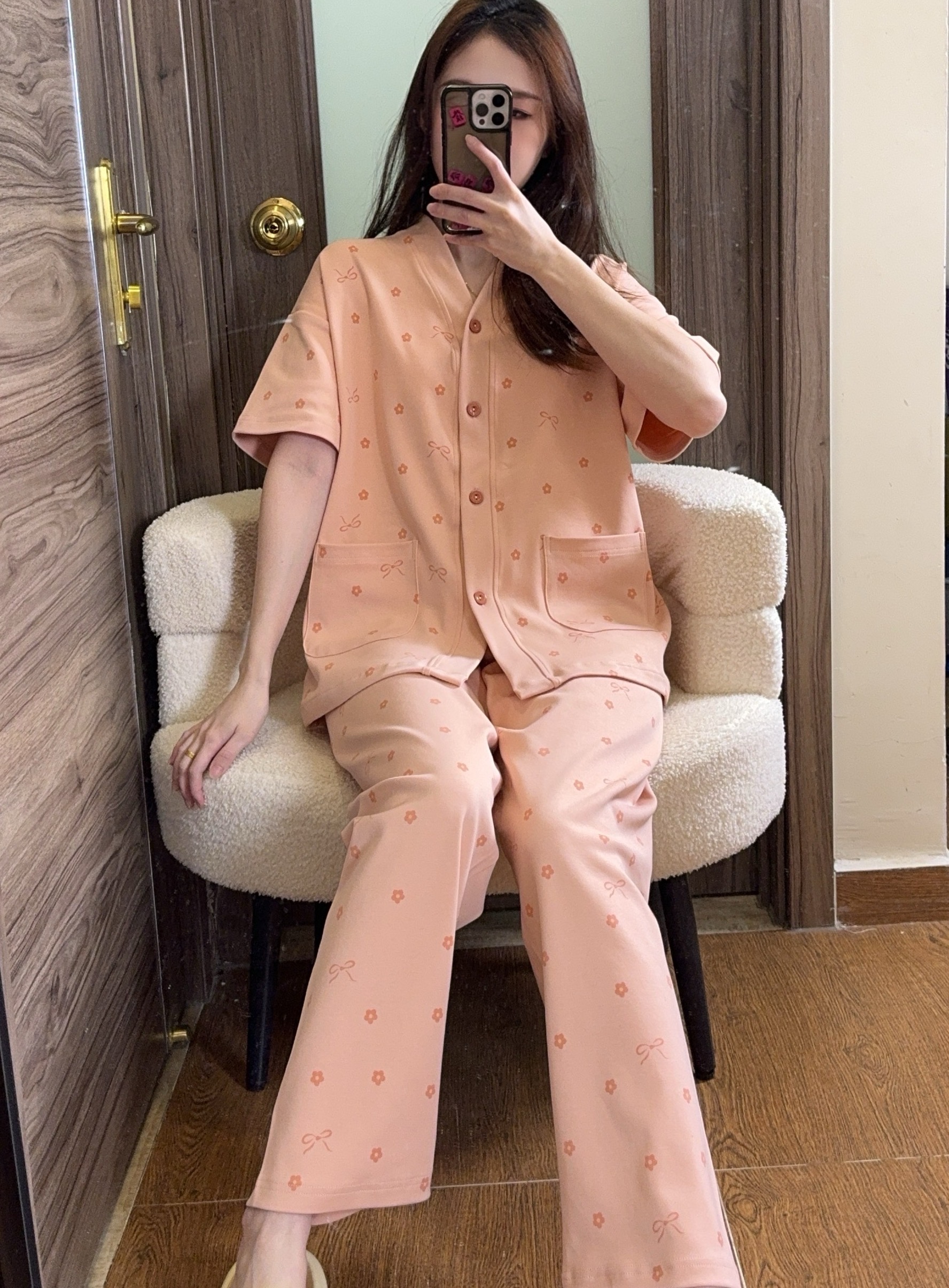 C{拍一发三}夏季女士带胸垫纯棉睡衣薄款短袖长裤 V领粉色花花