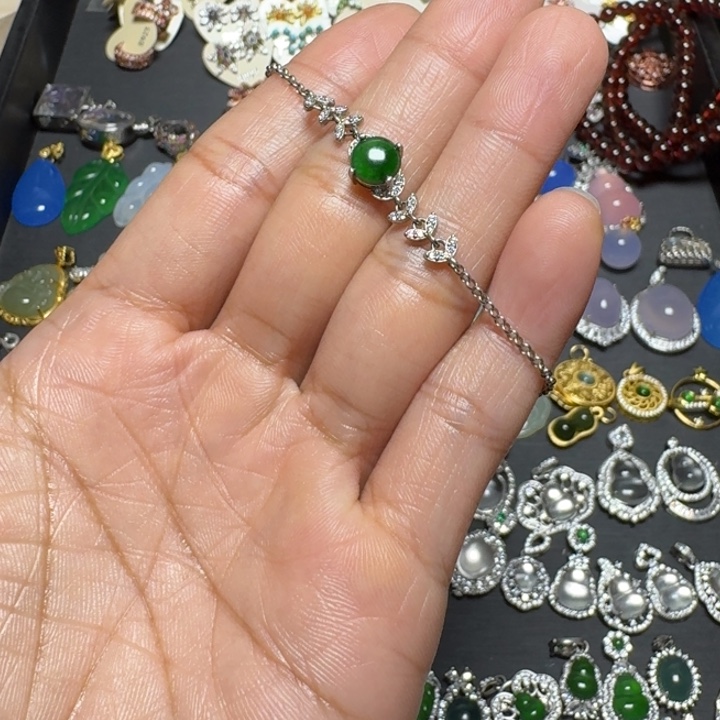 翡翠手链银S925镶嵌圆蛋面