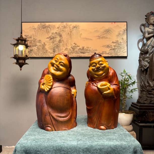 香樟木地主公公婆婆财主算盘元宝小工艺品摆件精品家居装饰