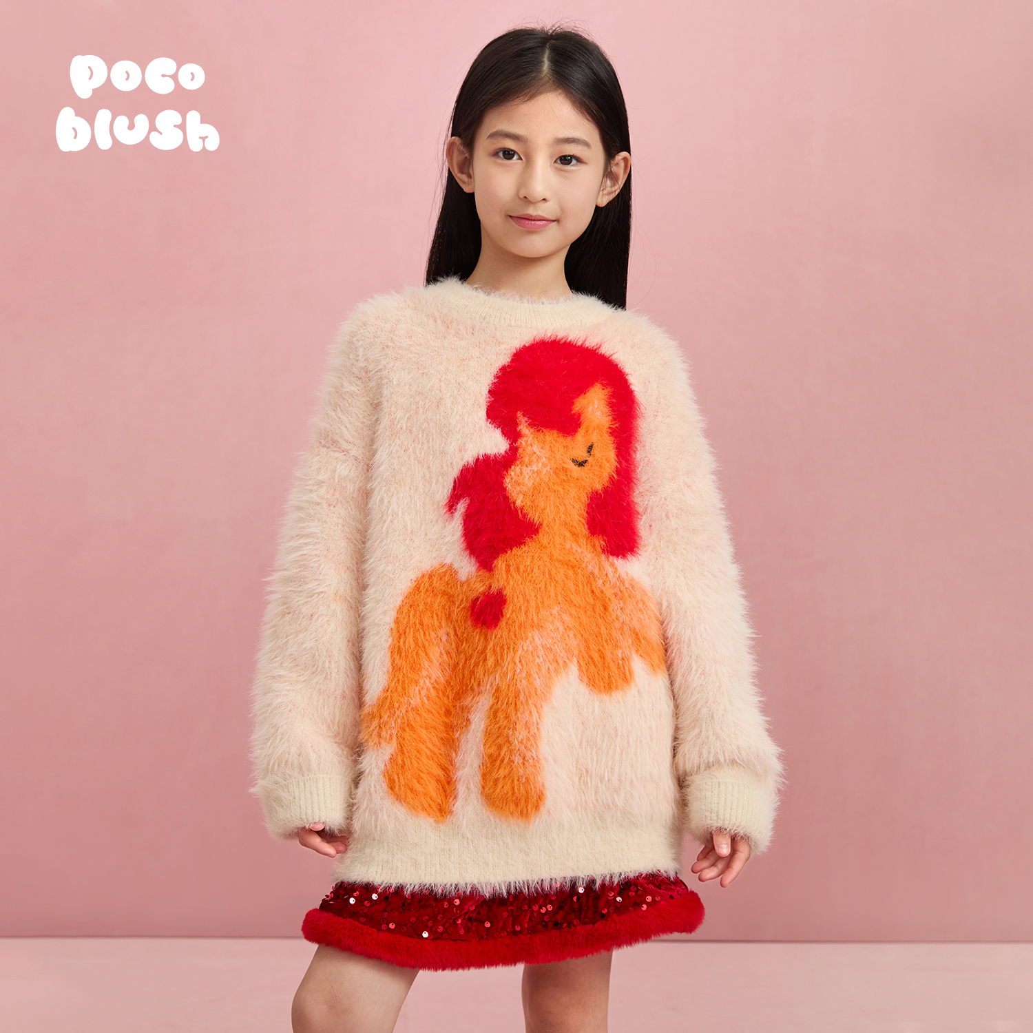 pocoblush【以梦为马】貂毛质感女童冬季保暖柔软提花毛衣+帽子