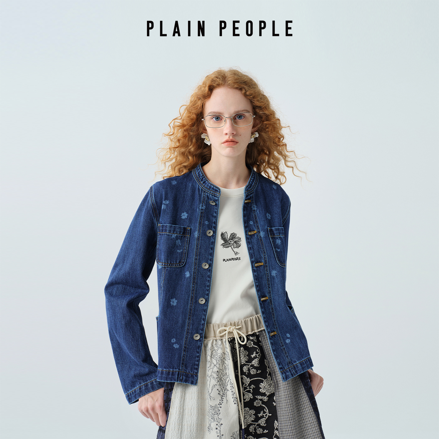 PLAIN PEOPLE复古雏菊提花截短直身牛仔短外套女蓝色2025秋季新款