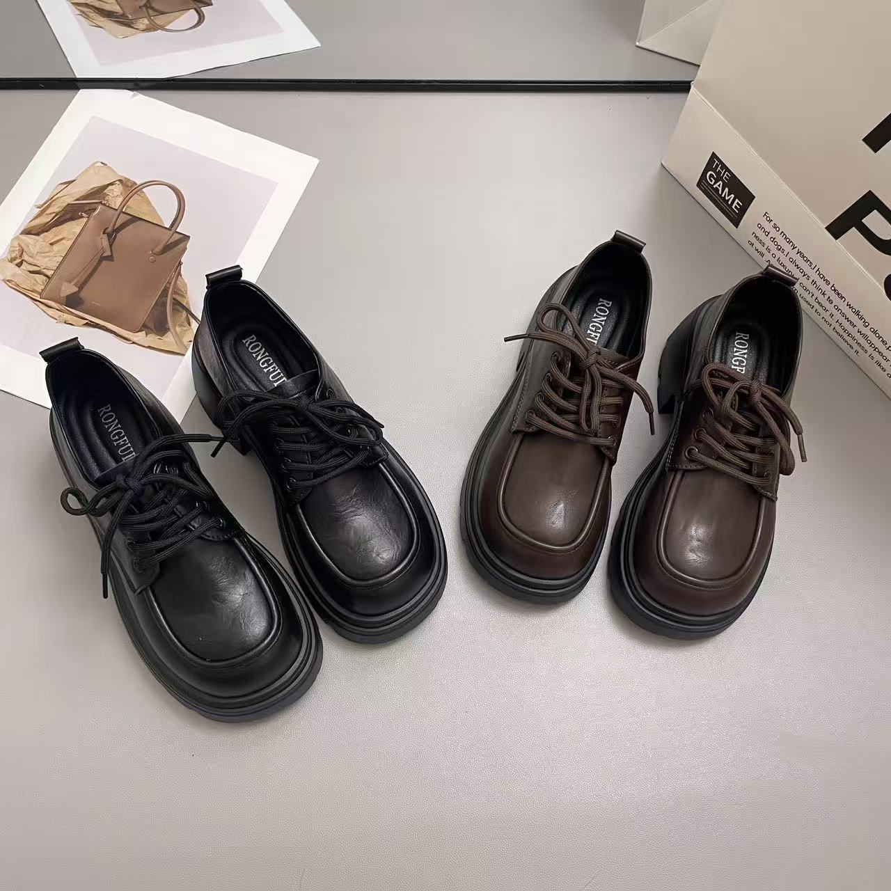 厚底英伦风小皮鞋女超火2025新款黑色系带学院风小个子增高乐福鞋