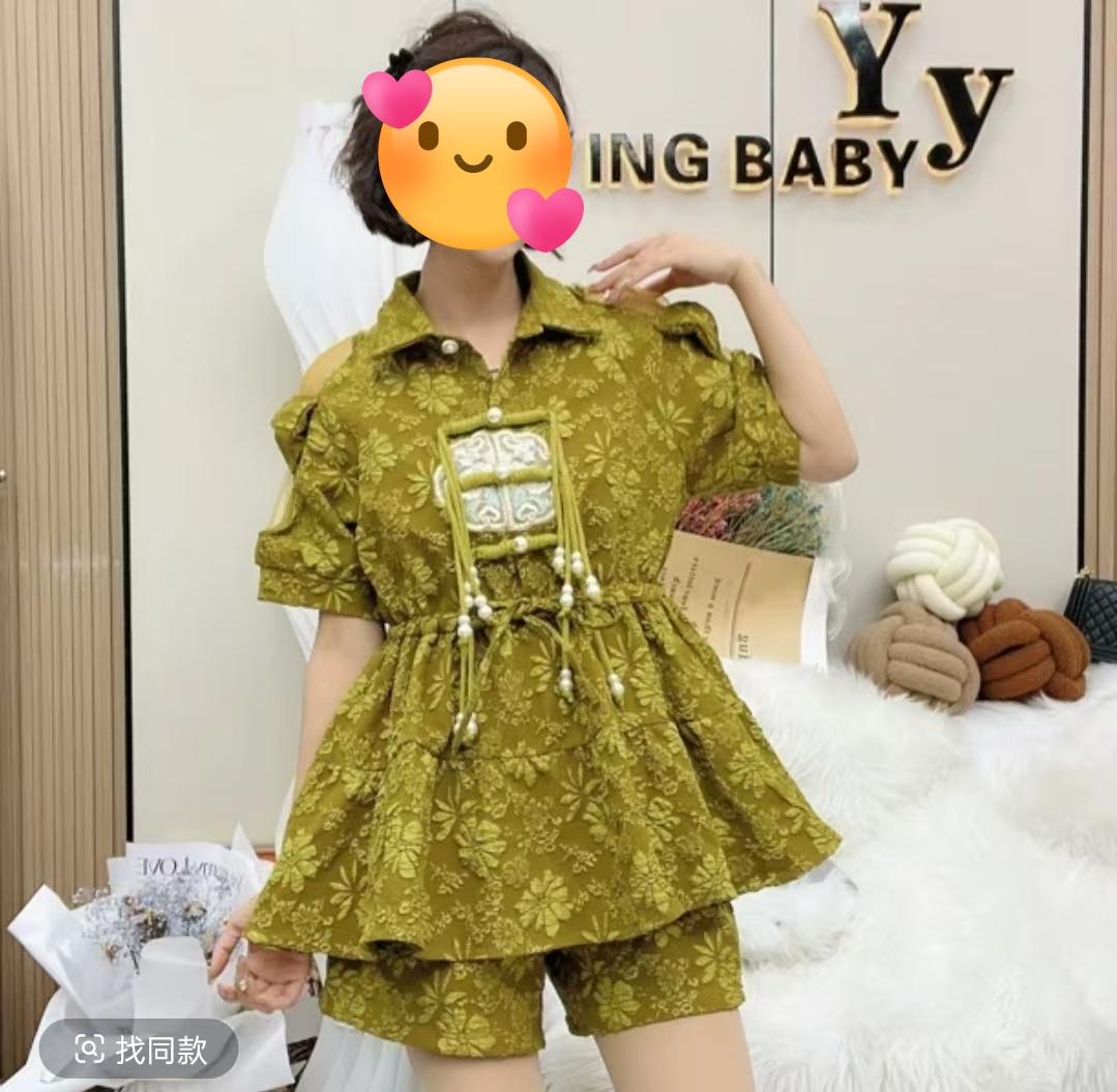 大码女装夏季新款国风盘扣短袖上衣+短裤两件套气质显瘦复古套装