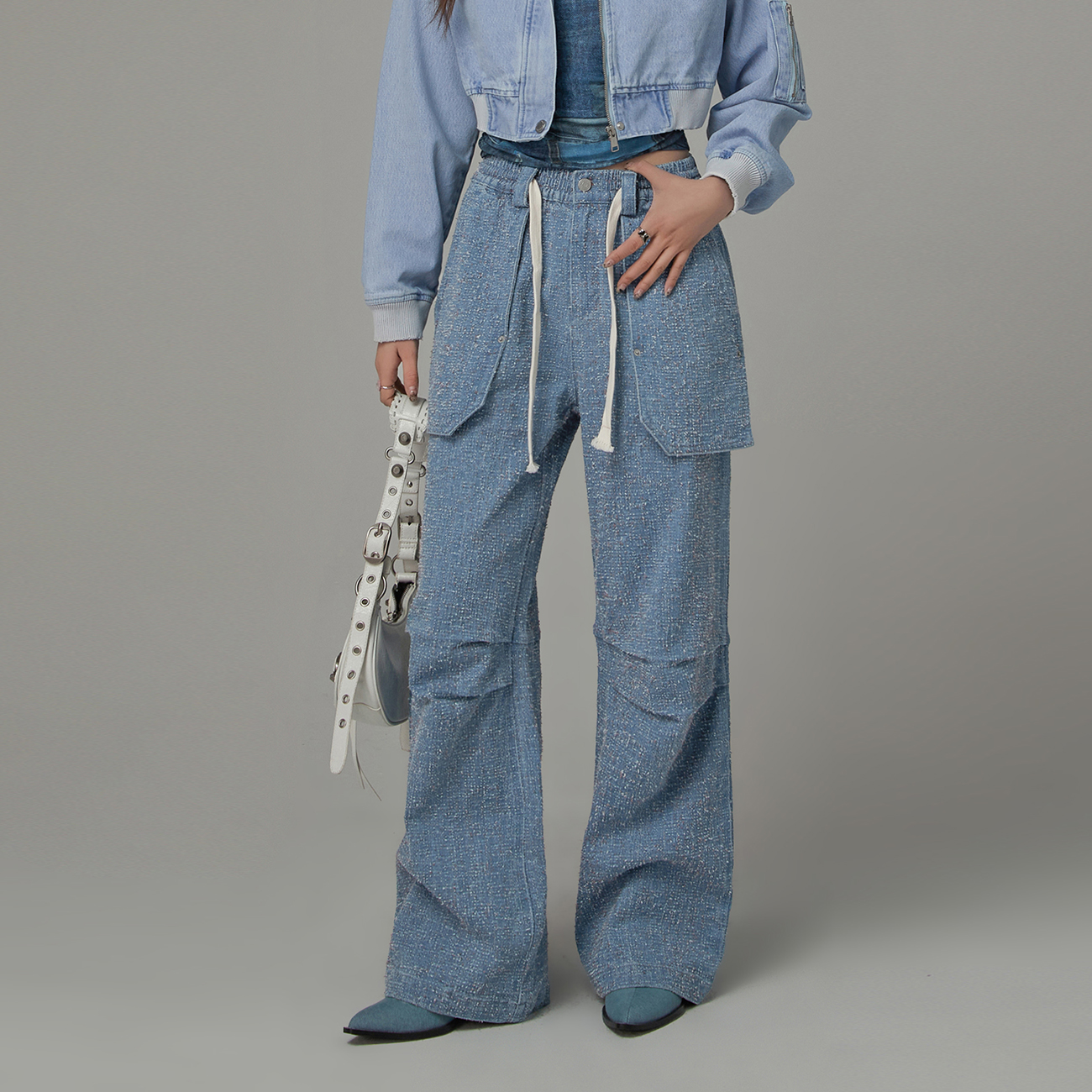 CHUU春季女装高腰设计直筒显瘦设计感工装风宽松百搭牛仔裤