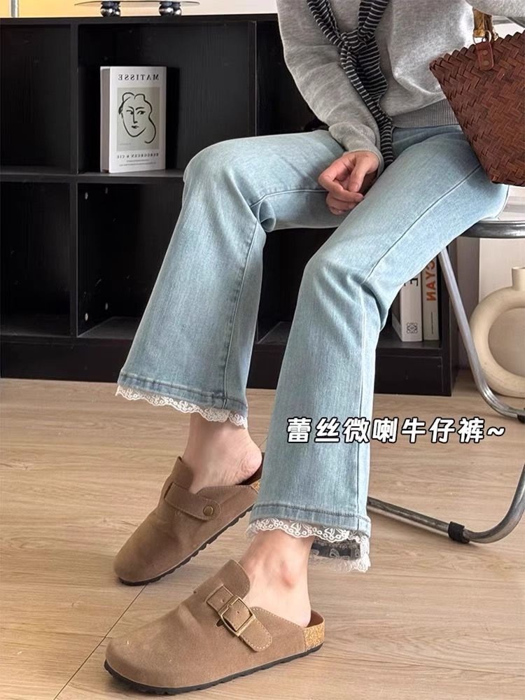 孕妇裤蕾丝拼接微喇牛仔裤2025夏季新款小个子修身显瘦九分马蹄裤