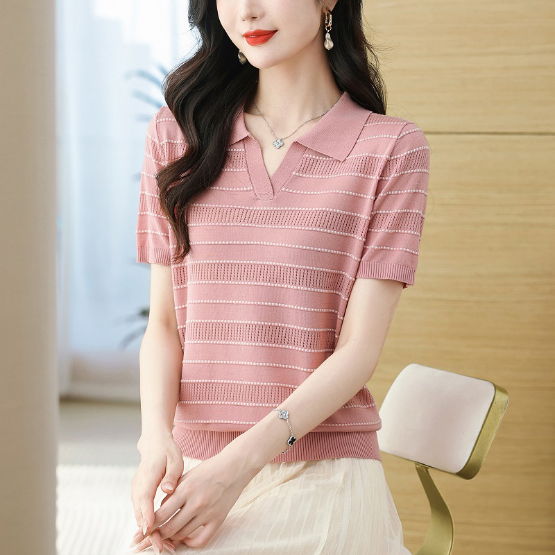 2025年新款天丝短袖上衣妈妈显瘦针织T恤气质女洋气百搭POLO薄款