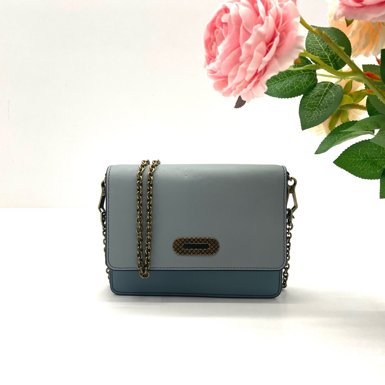 95新 BOTTEGA VENETA/葆蝶家 98新蓝色拼色单肩斜挎包