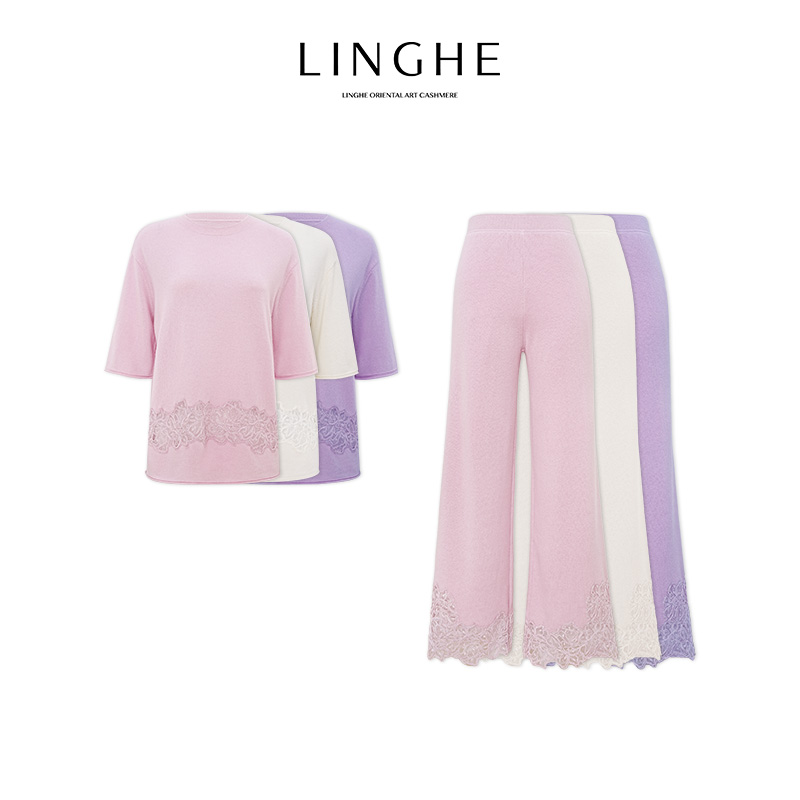 翎禾LINGHE「圣托里尼」蕾丝高腰设计拼接秋动内搭上衣针织衫套装