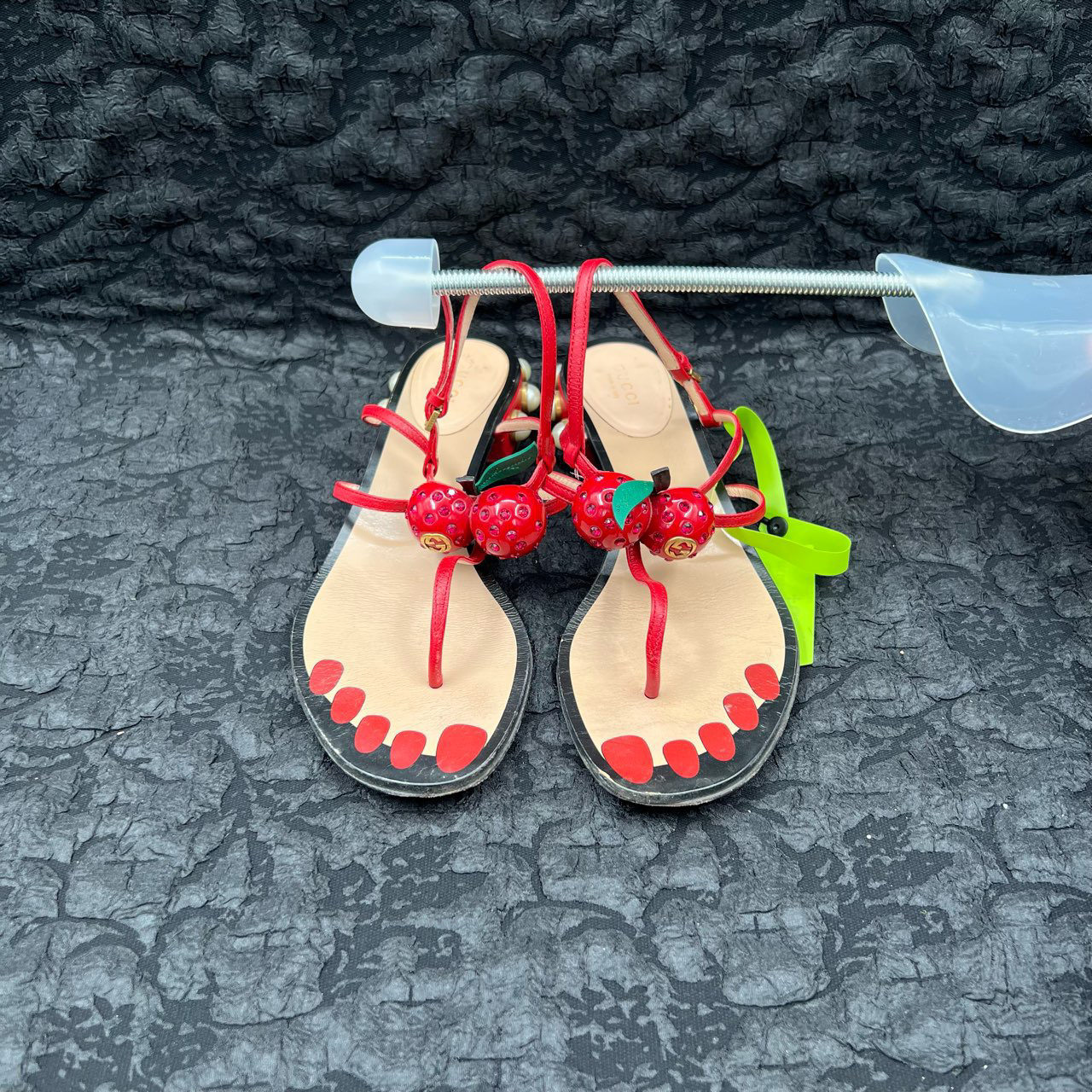 90新 GUCCI/古驰 红色樱桃水钻珍珠双G绑带凉鞋 37.5码/9新/无配