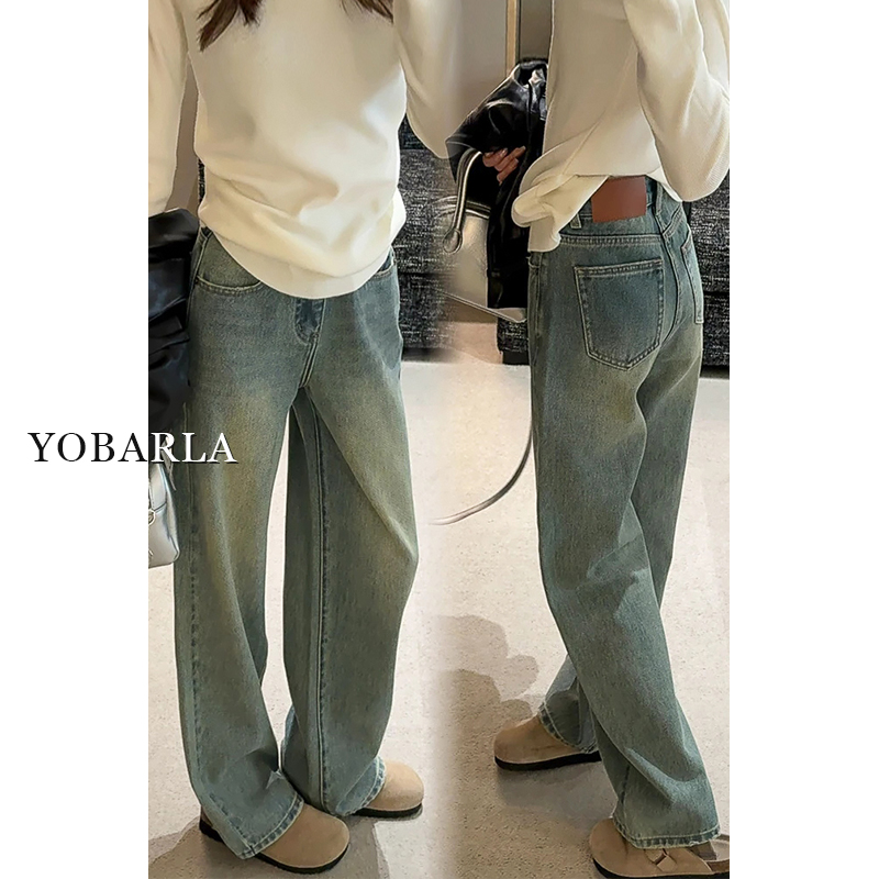 复古蓝高腰阔腿牛仔裤女秋冬新款大码宽松显瘦梨形身材拖地直筒裤