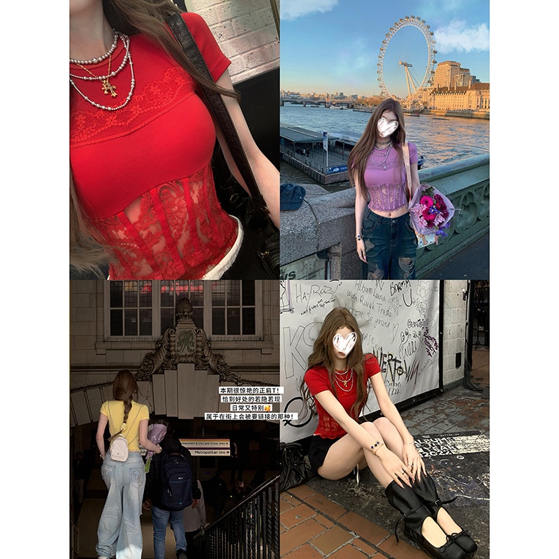 艺等法式新款蕾丝拼接短袖T恤2025夏设计感辣妹修身显瘦百搭上衣