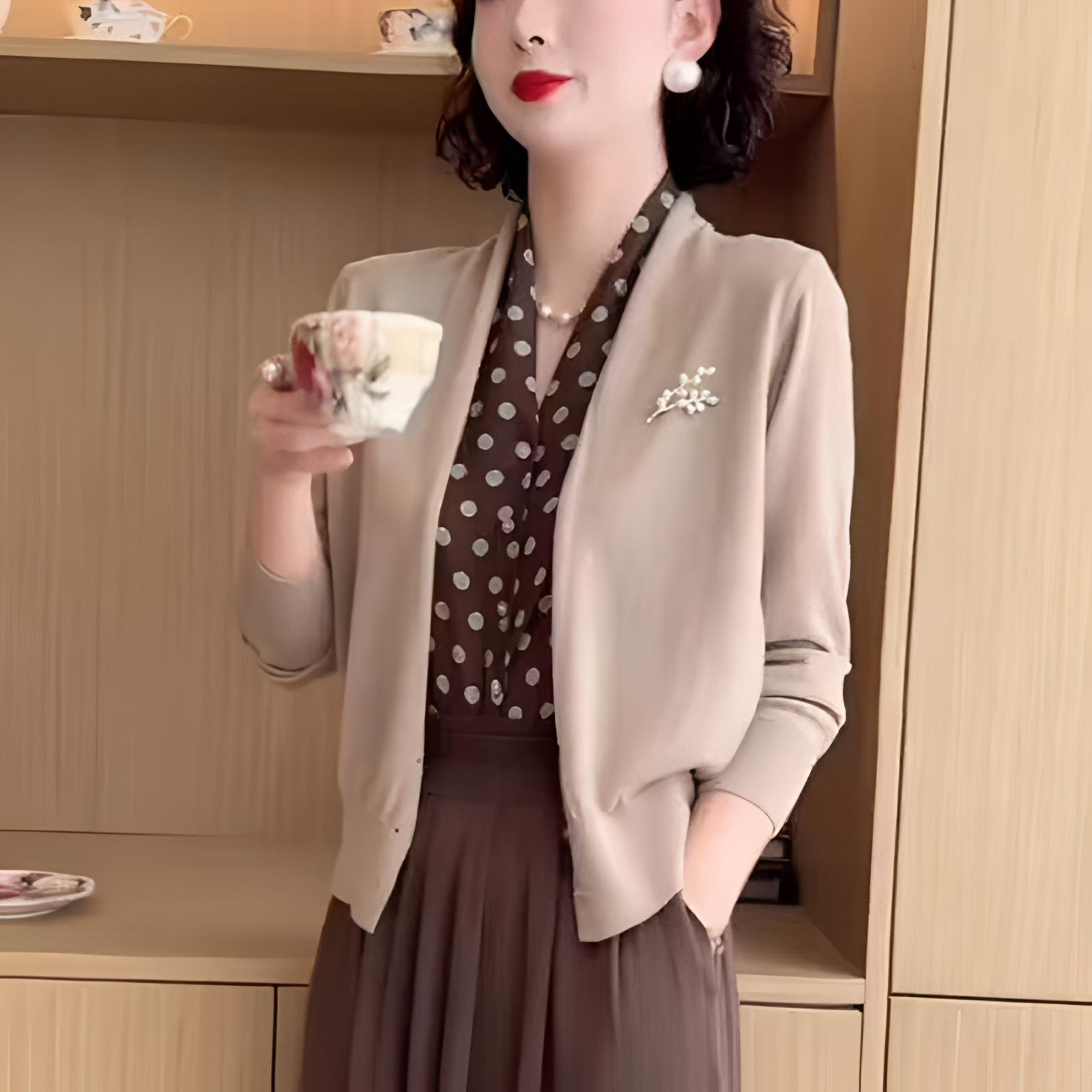 假两件波点V领针织衫女长袖开衫外套秋冬季新款宽松显瘦气质上衣