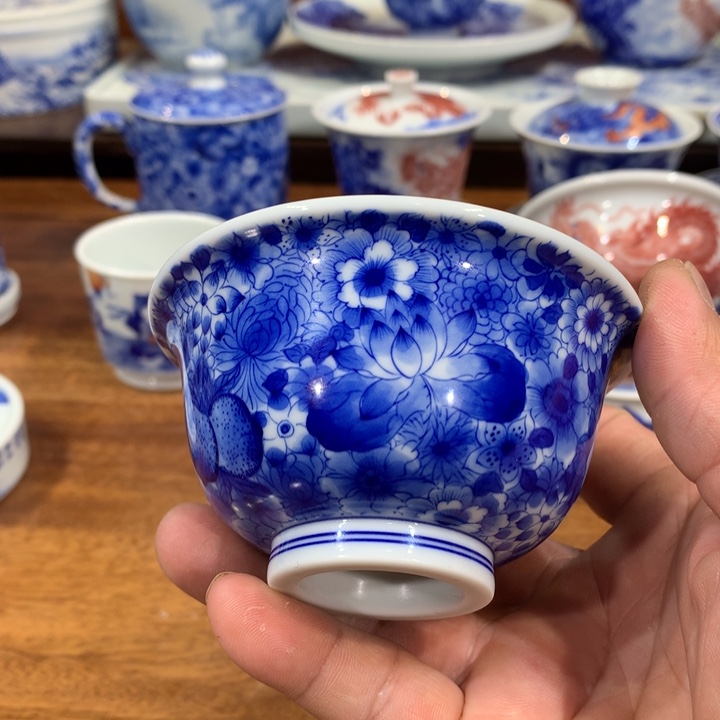 柴窑青花万花主人杯