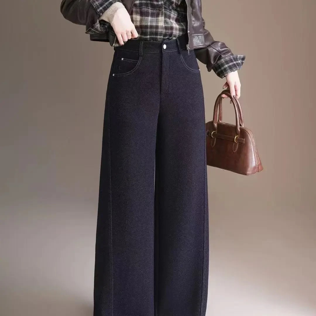 冬季新款加绒加厚百搭显瘦女士直筒阔腿牛仔裤