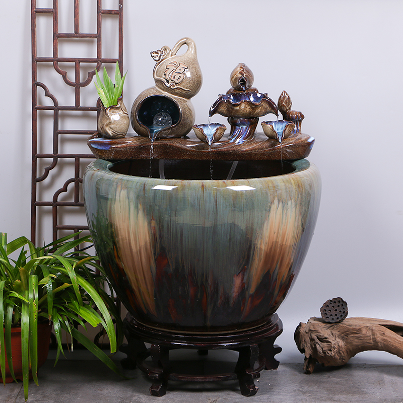 景德镇陶瓷流水鱼缸锦鲤金鱼缸荷花缸庭院大缸落地摆件招财狮耳缸