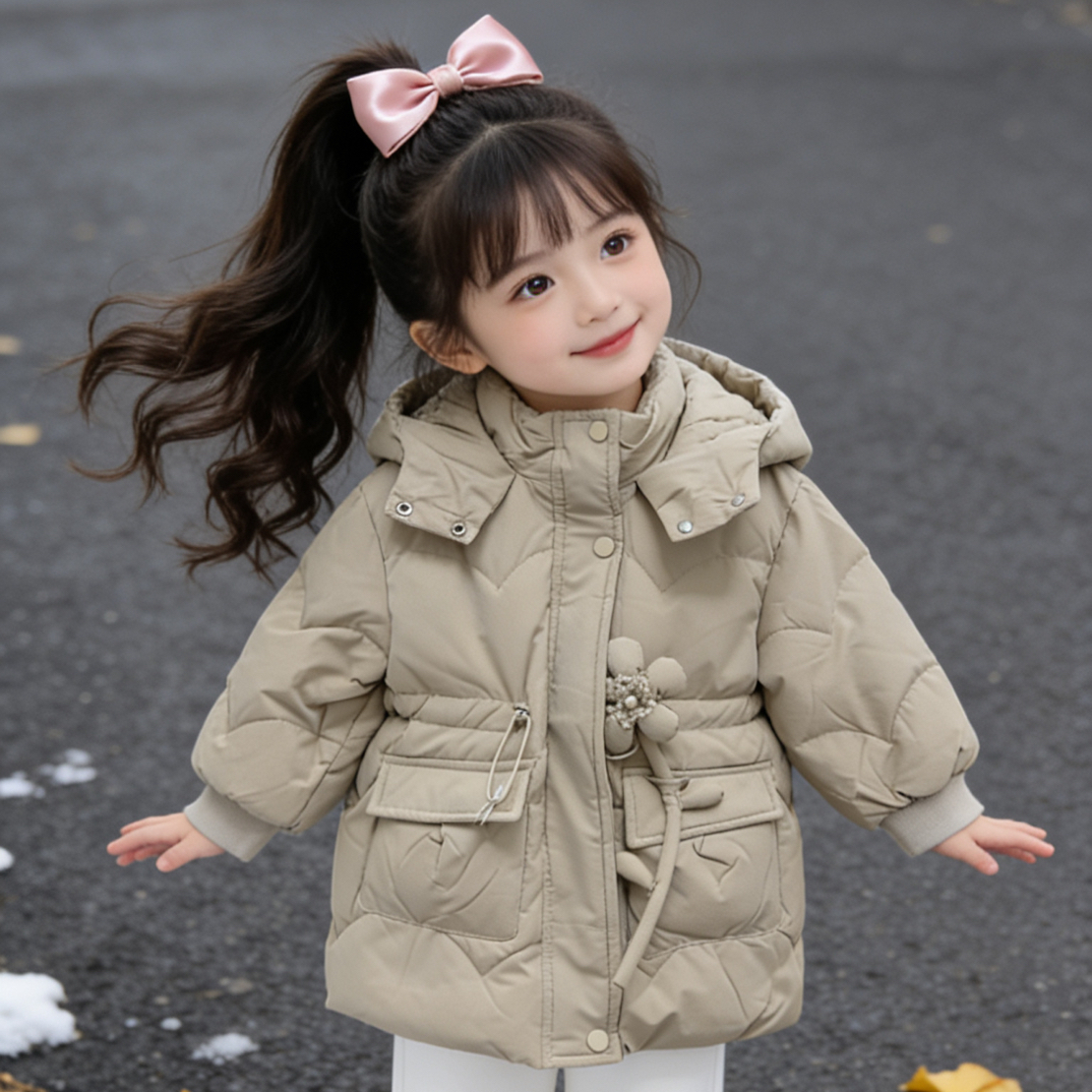 女孩中长款棉服可收腰设计感女童时尚连帽加厚抽绳冬款