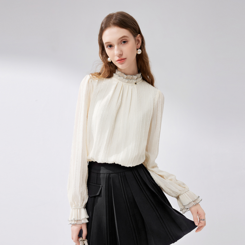 秋水双层木耳边立领雪纺衫优雅内搭小衫624102M050503