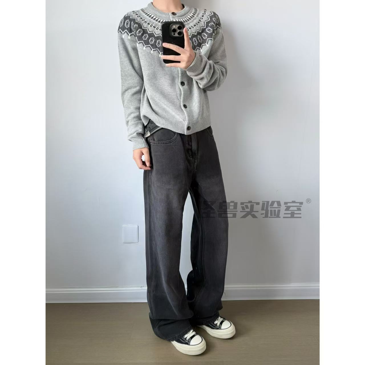 怪兽实验室经典复古黑色赛络纺无弹水洗工艺直筒宽松休闲牛仔裤