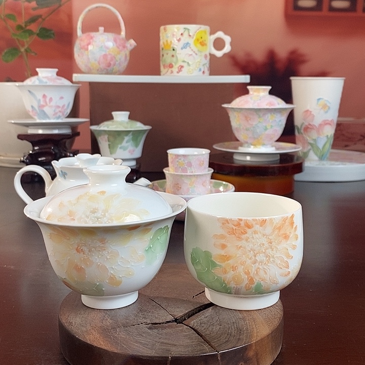 向阳花盖碗➕品茗杯手绘釉下高温