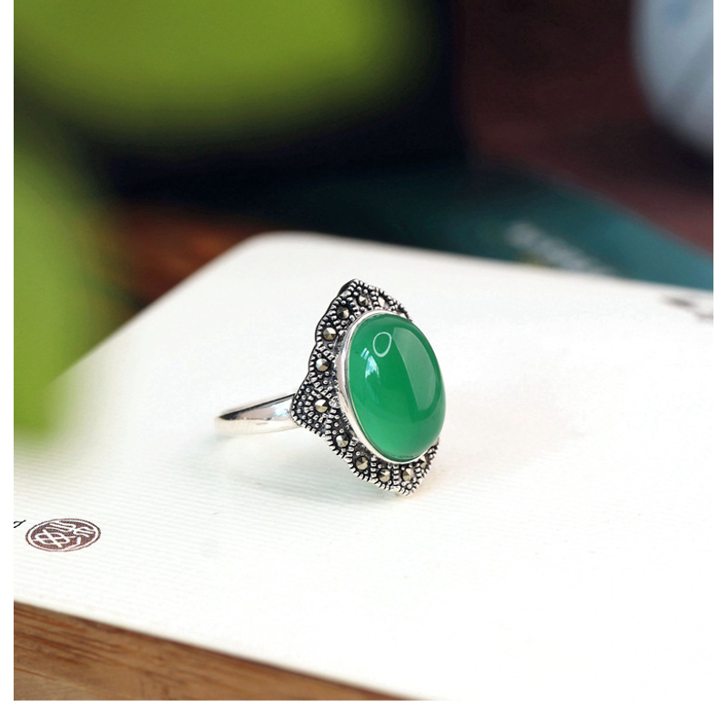 925银戒指 s925银绿戒指复古做旧民族风