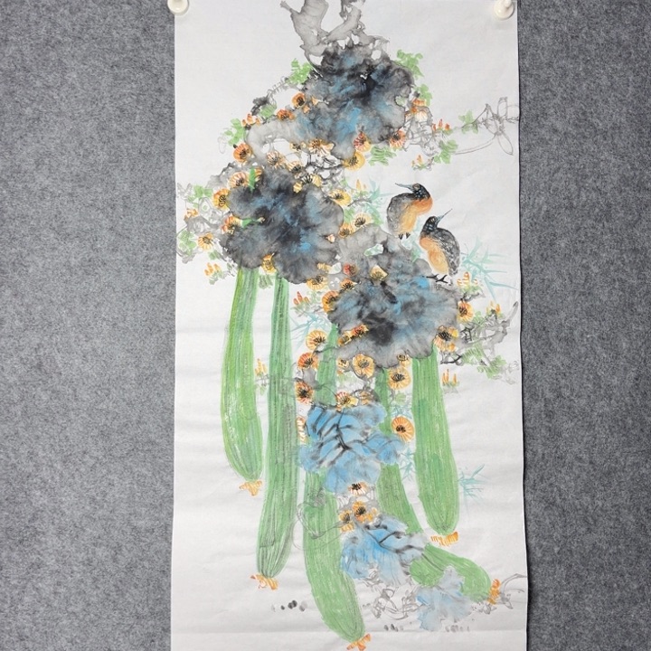国画手绘国风花鸟丝瓜图