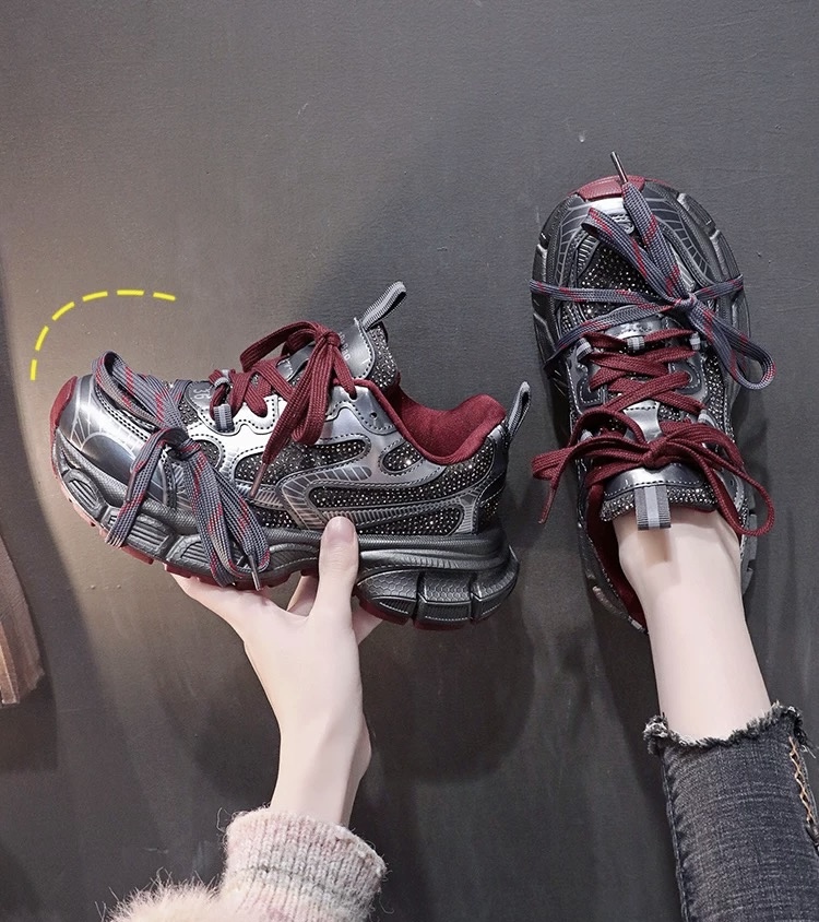 欧洲站爆款老爹鞋女2025新款网红亮钻复古鞋子百搭厚底女士运动鞋