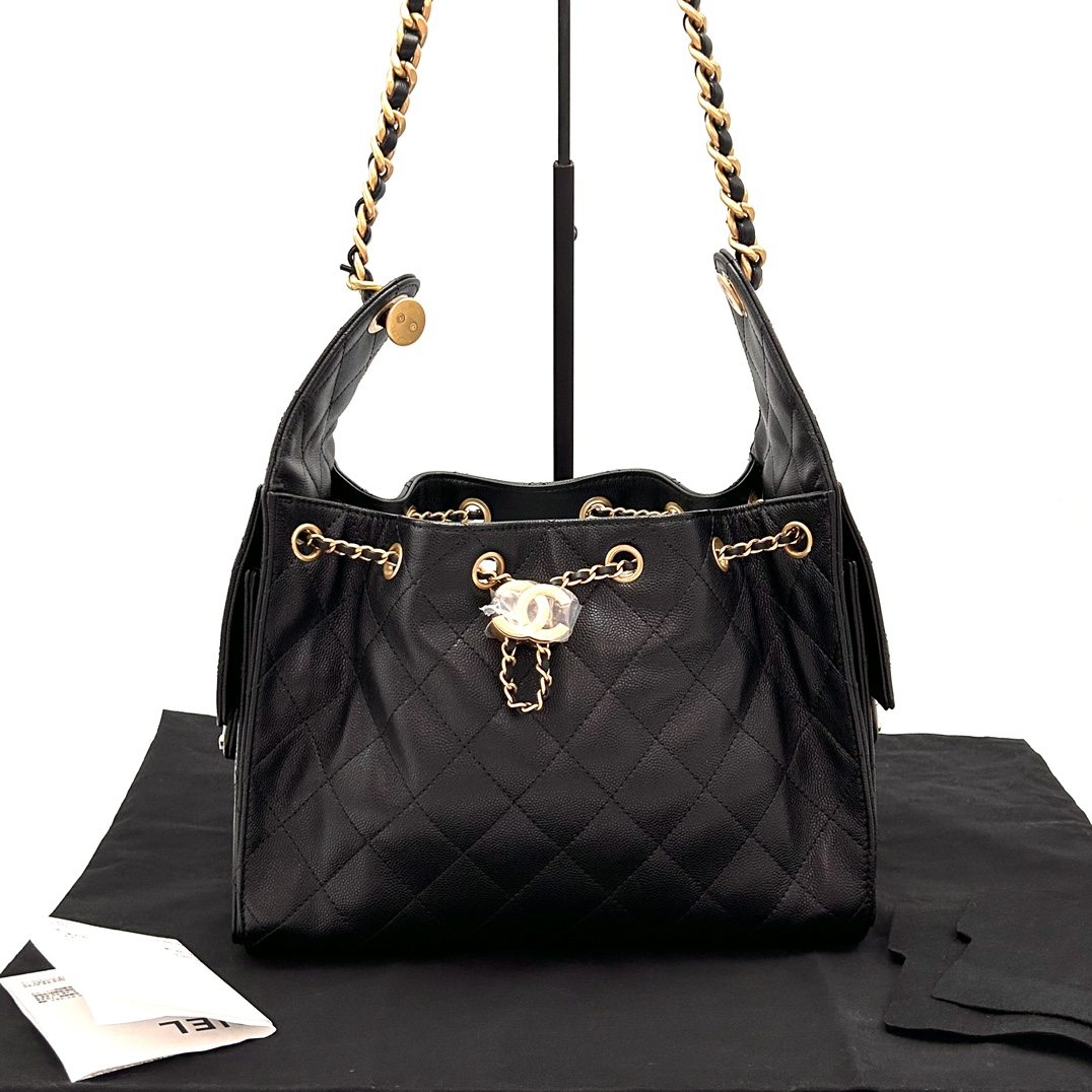 99新 Chanel/香奈儿 25bag小号黑金荔枝牛皮手提单肩包 07302