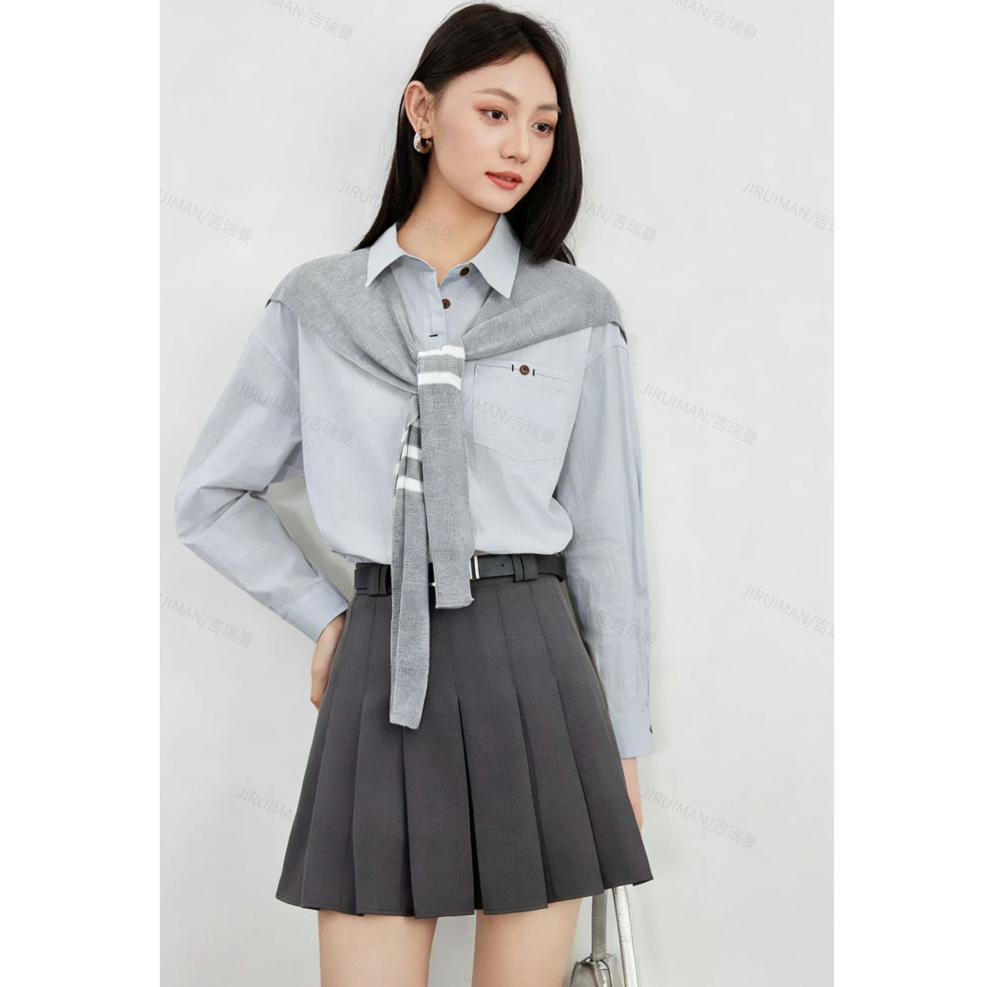 品牌撤柜-C809春秋翻领长袖披肩设计宽松休闲百搭衬衫