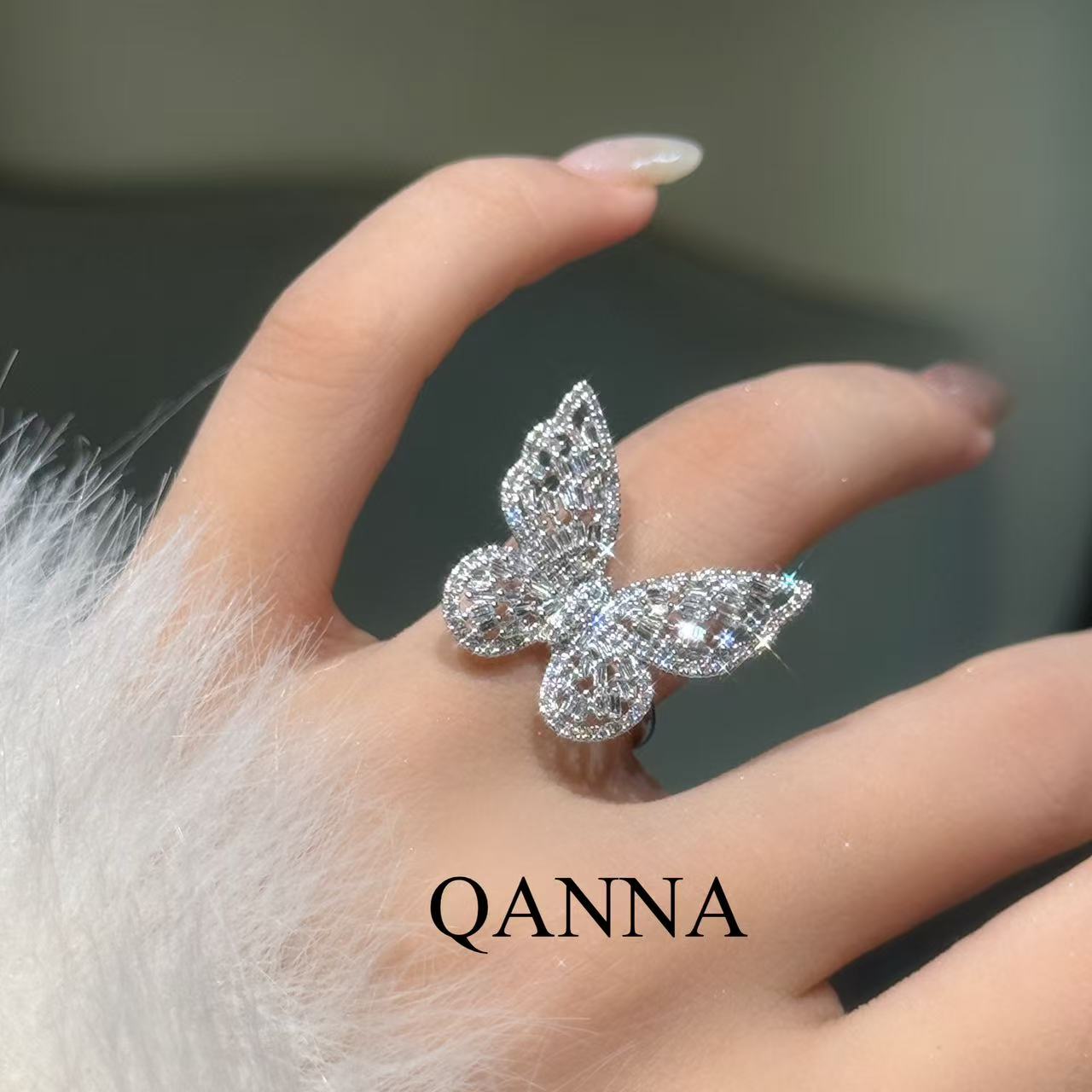QANNA【超大号满钻蝴蝶】【异形钻 重金版】轻奢网红名媛风钻石戒指BV
