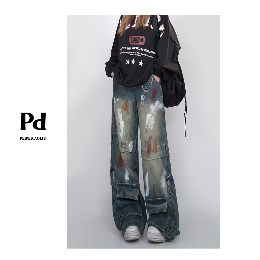 PPEI·AS34秋季新款个性涂鸦做旧阔腿裤工装高街梨形直筒牛仔裤女
