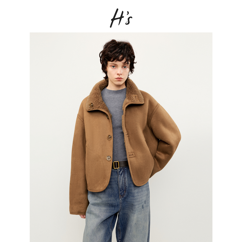 人造皮草 【两面穿】H'S麂皮立领短外套女25冬新款进口澳毛皮衣草