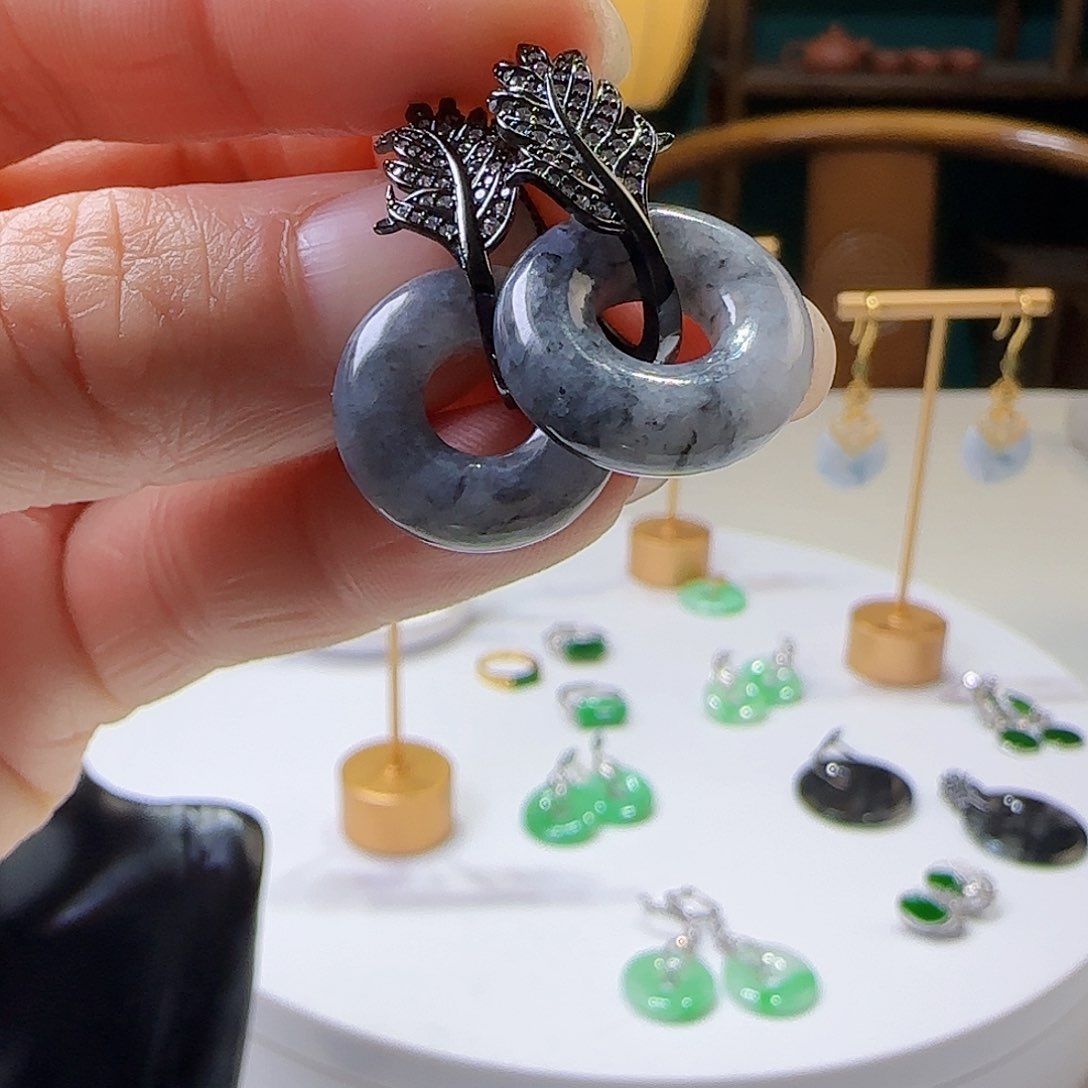 翡翠耳饰银S925镶嵌天然缅甸a货翡翠