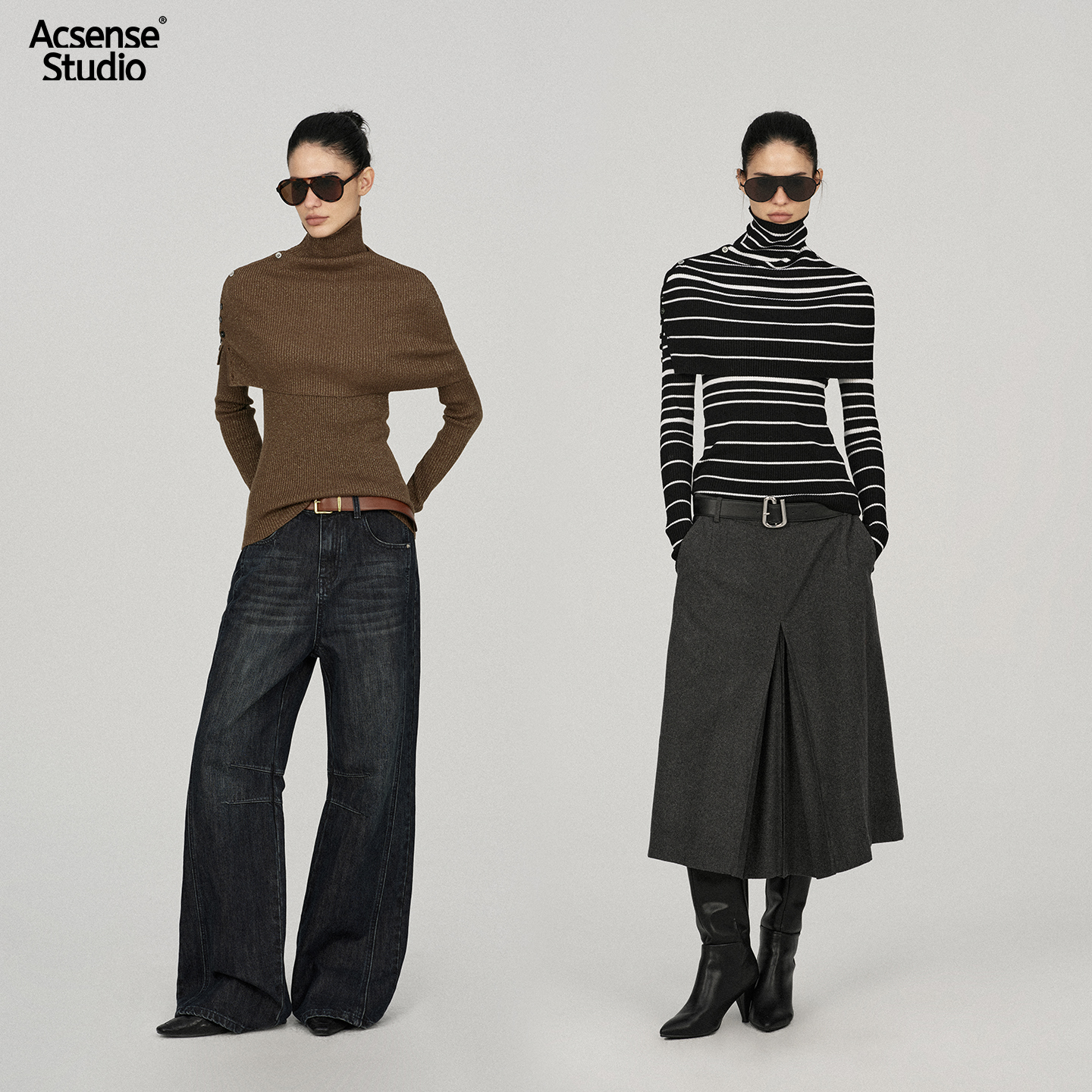 ACSENSE STUDIO 半高领披肩修身弹力羊毛针织衫两件套