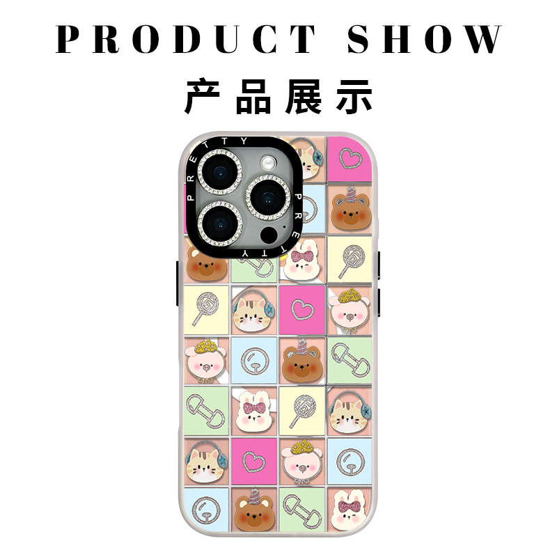 适用苹果iphone16promax 高级鎏金手机壳15/14/13时髦小动物格子