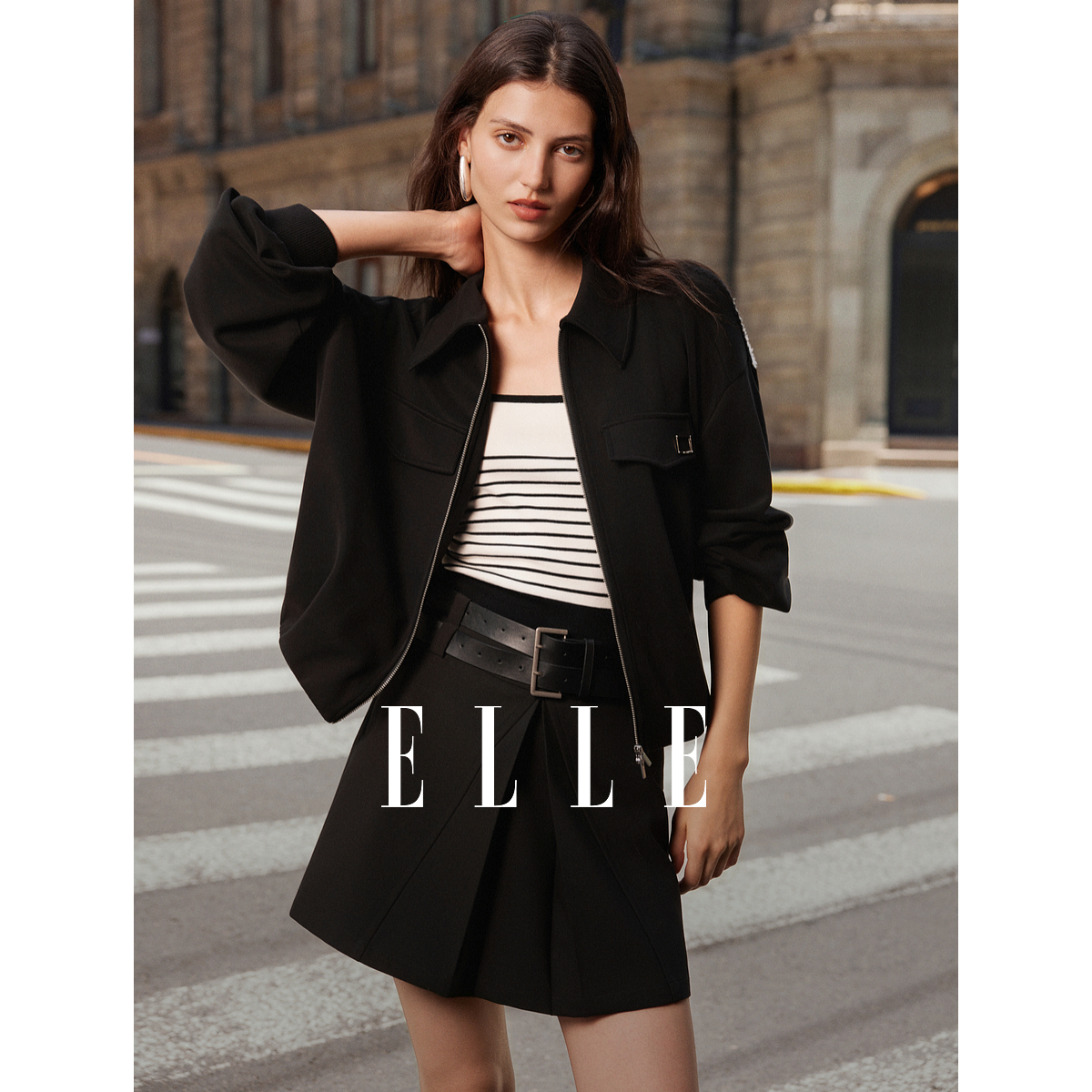 【商场同款】ELLE女装黑色夹克卫衣2025秋季新款短上衣L8AWF055