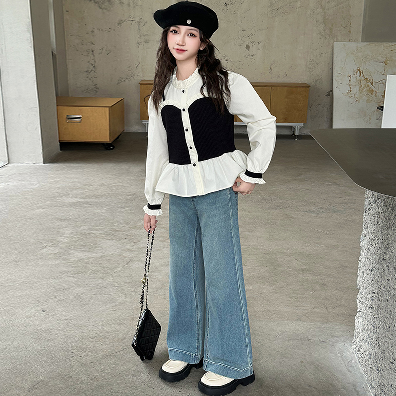 女童衬衫套装春秋款2025女孩法式假两件长袖衬衣儿童牛仔裤两件套
