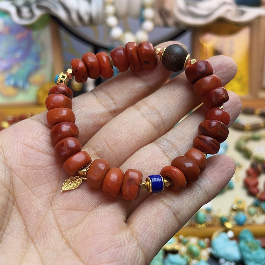 南红玛瑙银S925镀金镶嵌手链