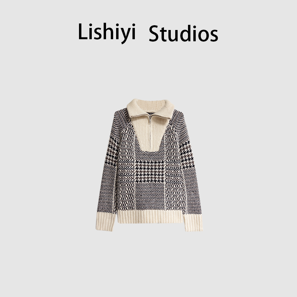LISHIYISTUDIO深圳货复古立领针织衫毛衣宽容显瘦百搭时尚51063