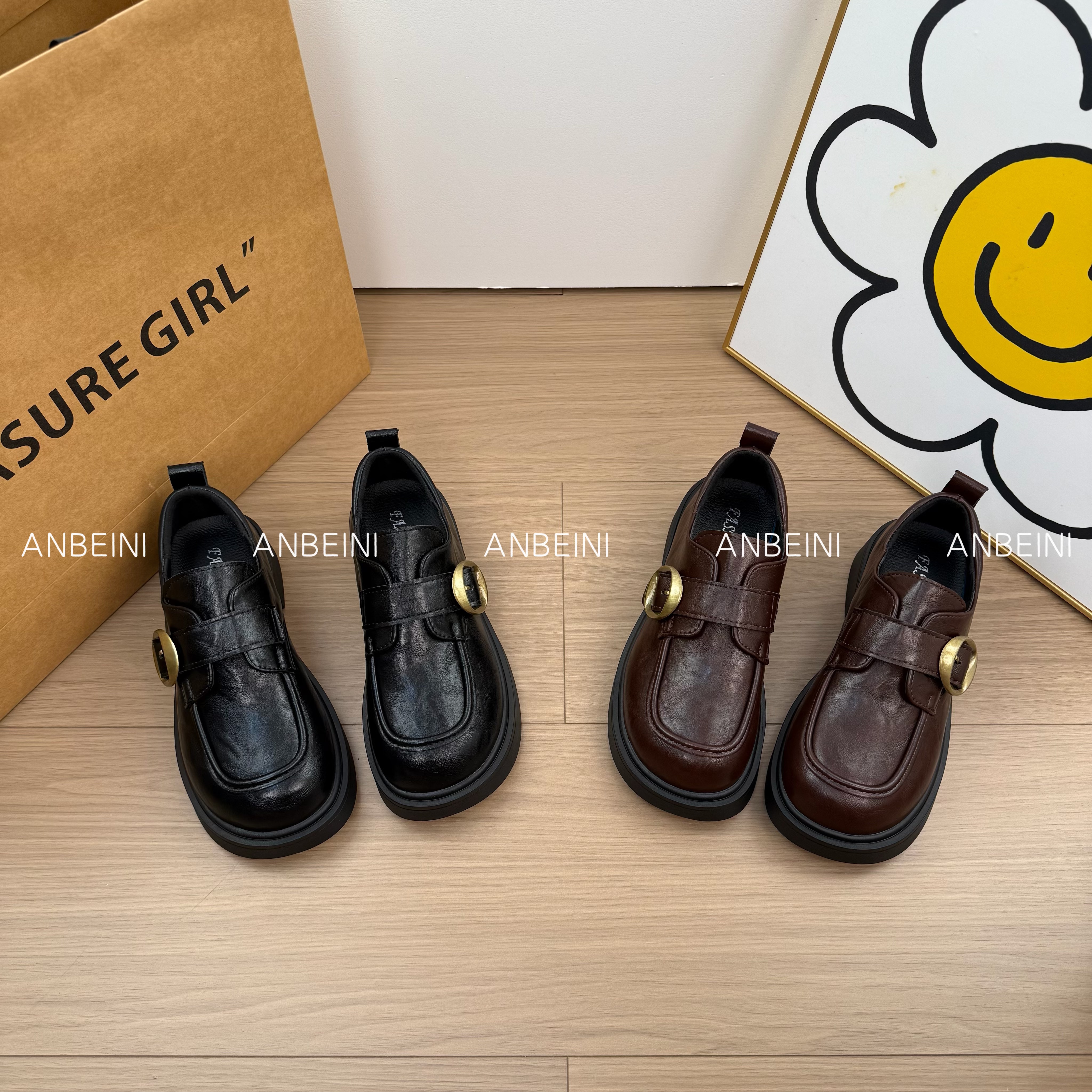 2025春秋季新款金属扣圆头厚底乐福鞋通勤百搭英伦风百搭一脚蹬女