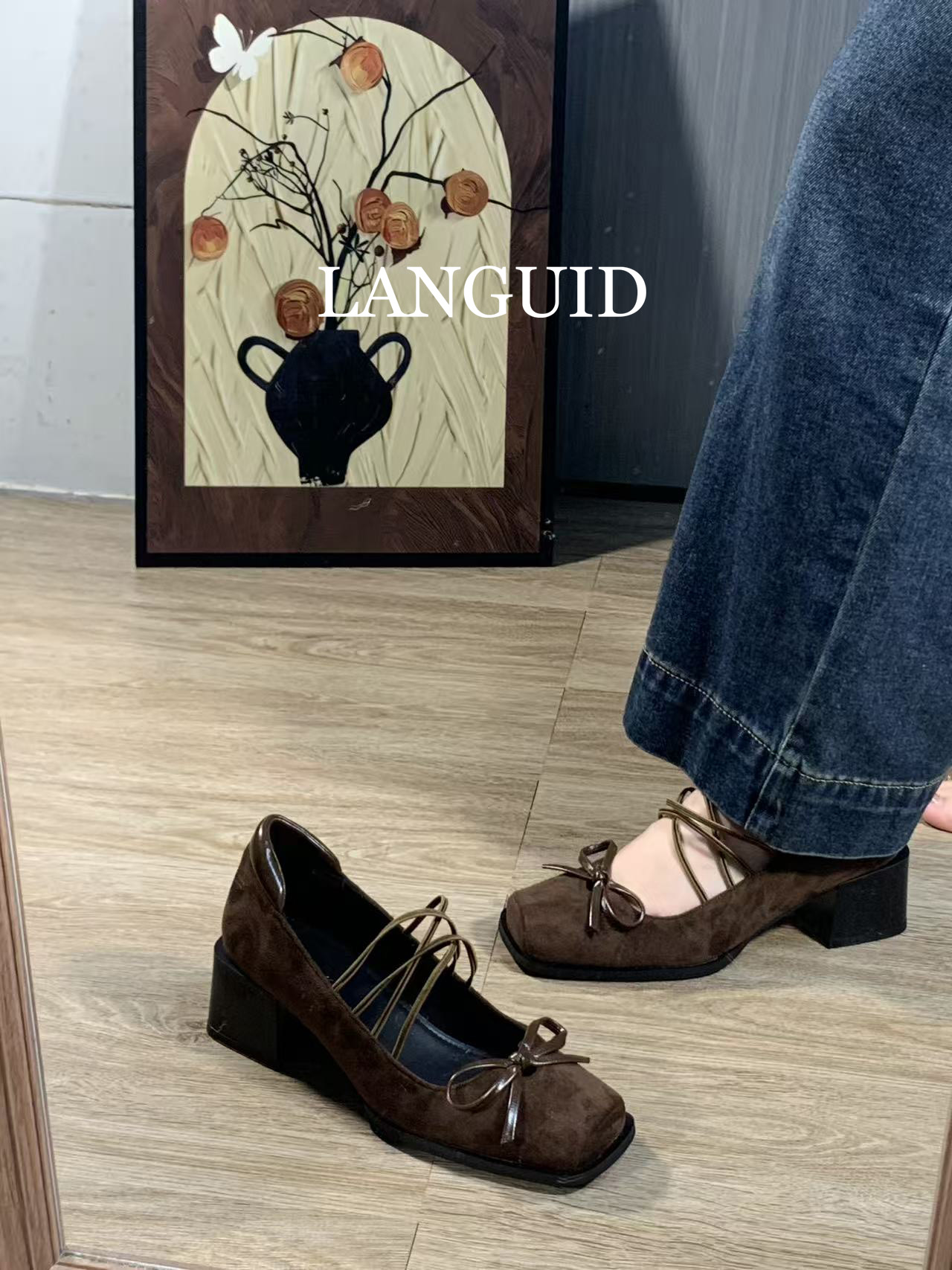 LANGUID 2026早春绸缎法式方头蝴蝶结玛丽珍鞋浅口粗跟单鞋女