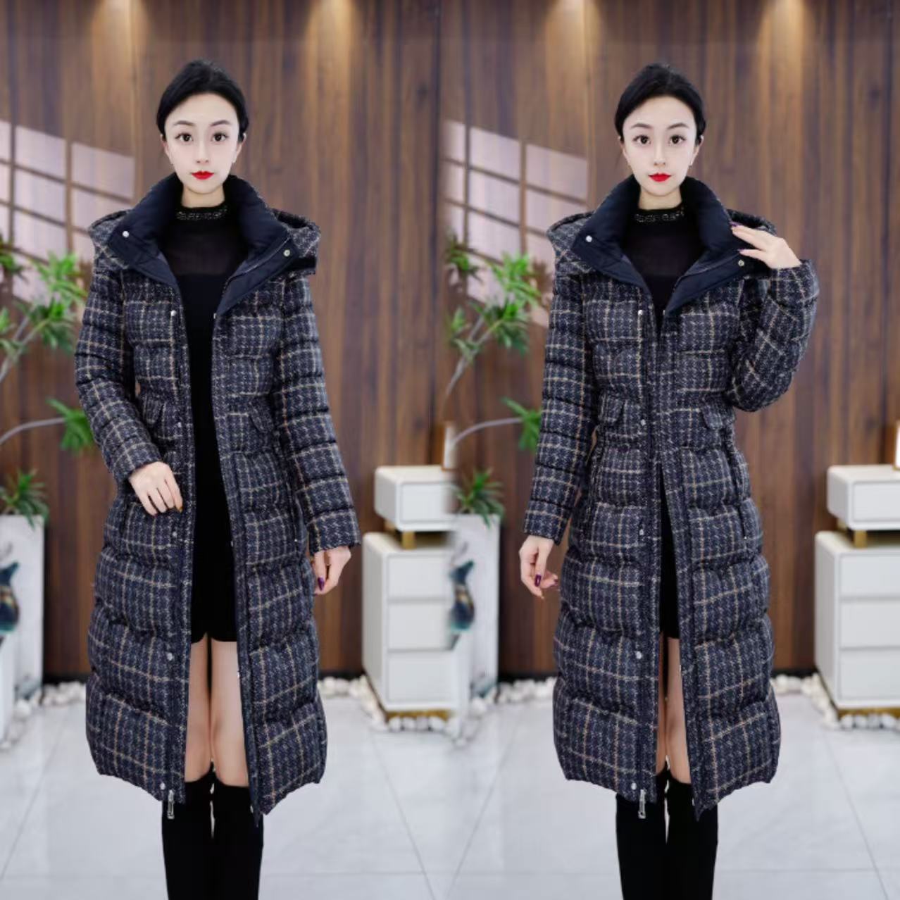 冬季时尚减龄长款外套 保暖格纹时尚百搭