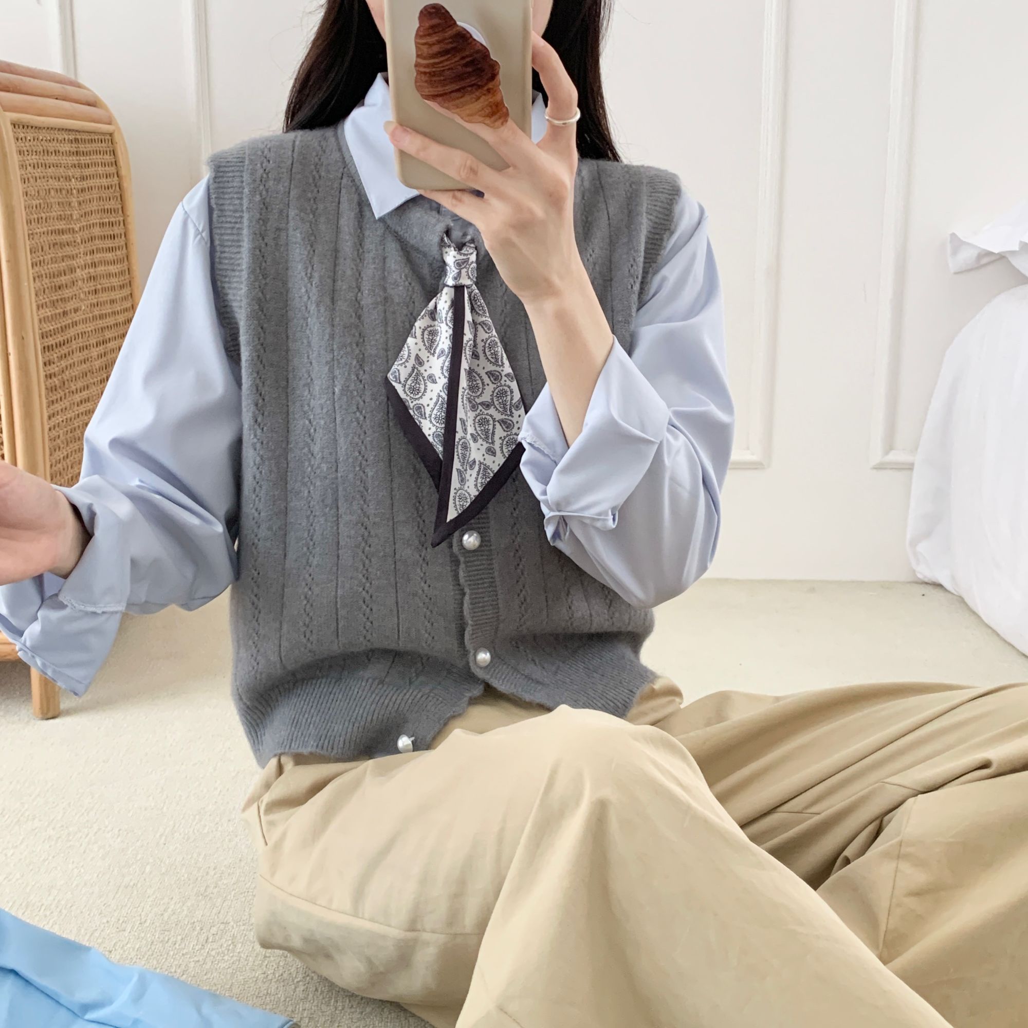 韩系简约休闲针织马甲长袖衬衣女小众设计感外穿小个子秋季两件套