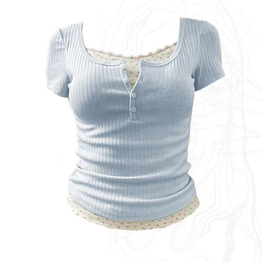 透气短款纽扣学院风BM风方领修身T恤法式短袖性感