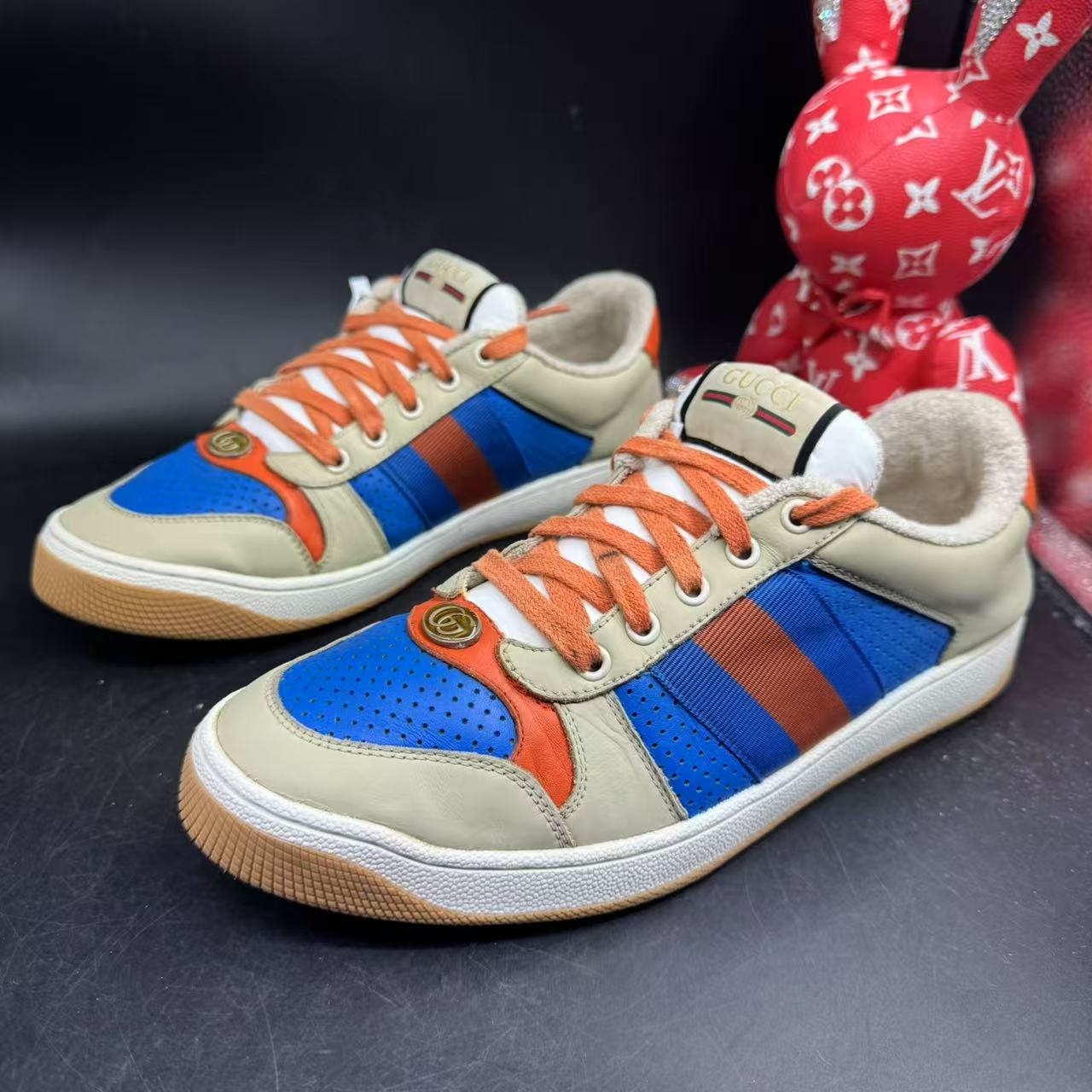 95新 GUCCI/古驰 【AO特惠】41欧码 男蓝橙配色休闲舒适脏脏鞋7706