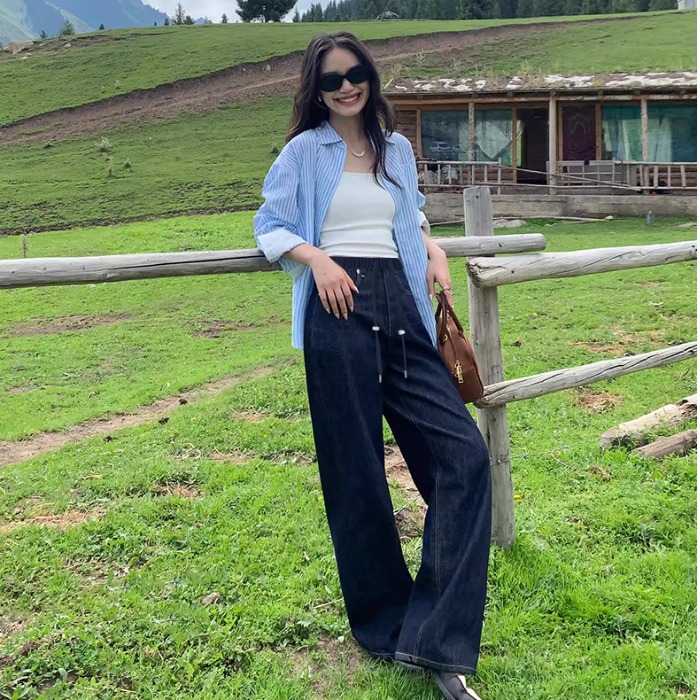无托腹复古阔腿孕妇牛仔裤女秋季宽松显瘦垂感直筒裤拖地裤长裤子