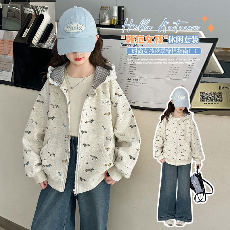 女童连帽外套春秋款2025新款儿童休闲时髦碎花上衣秋装开衫卫衣潮