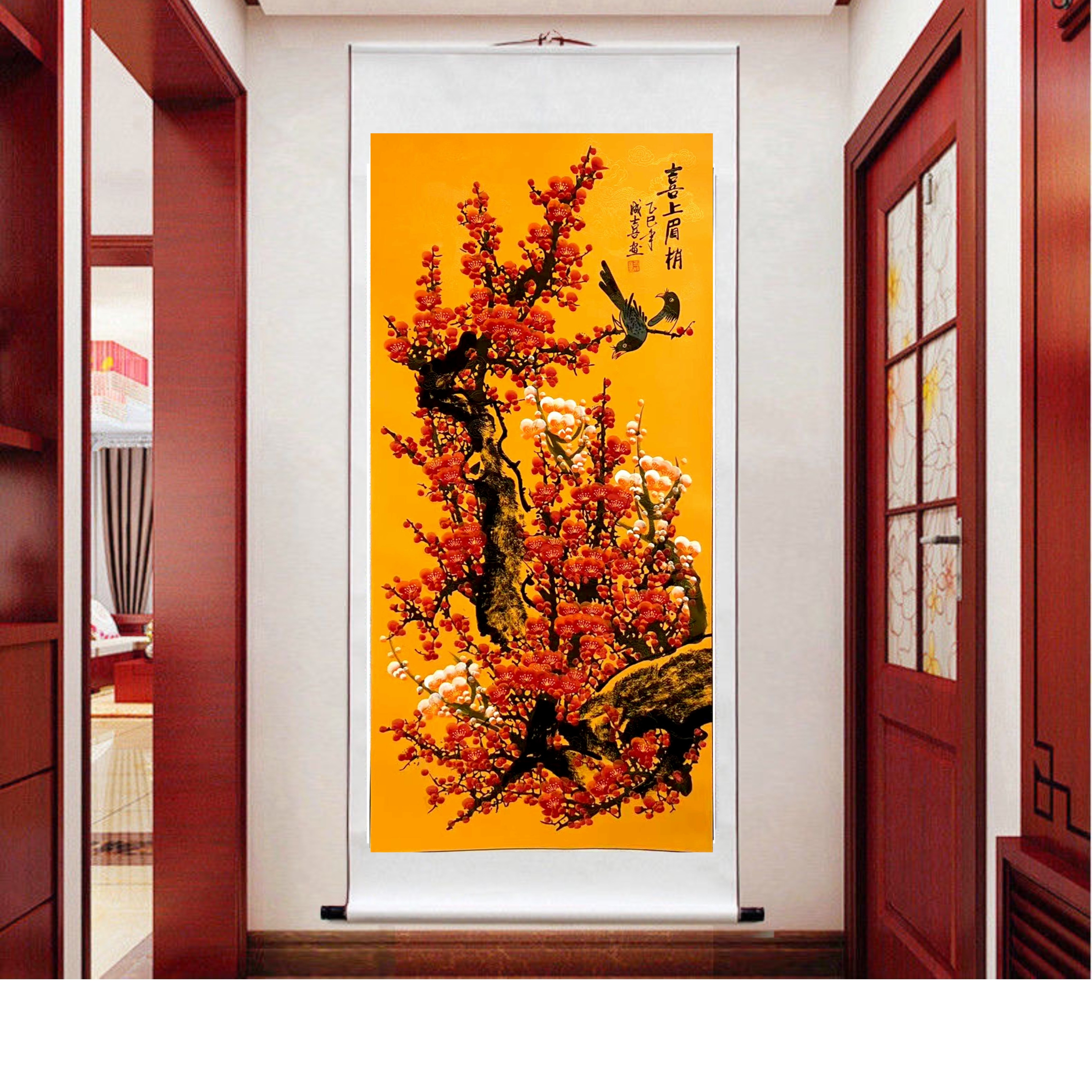 国画喜梅客厅卧室玄关办公室挂画卷轴装裱龙纹底红色175*72cm