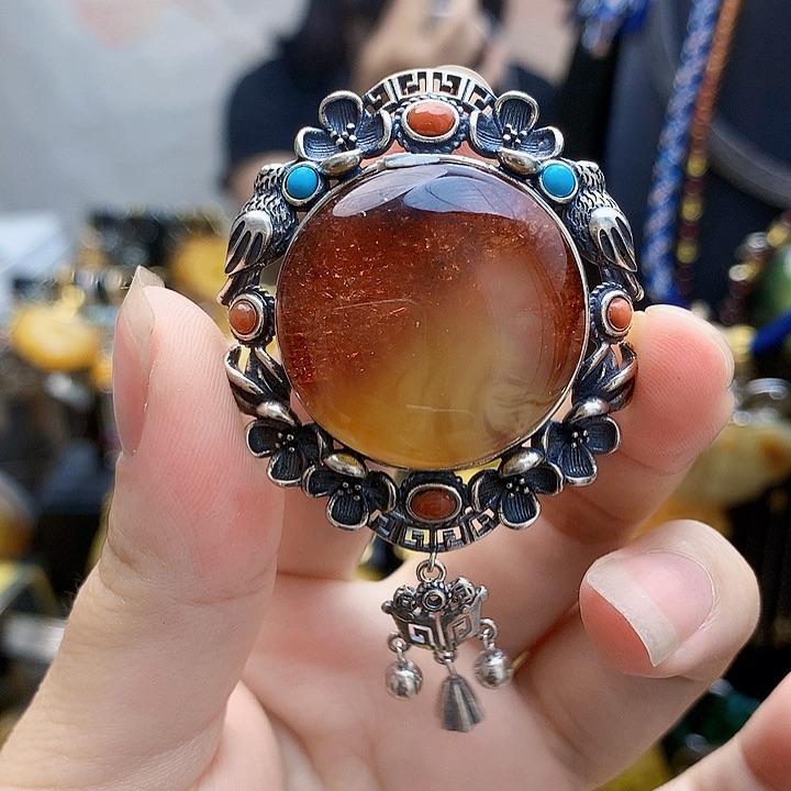 银S925镶嵌琥珀裸石坠